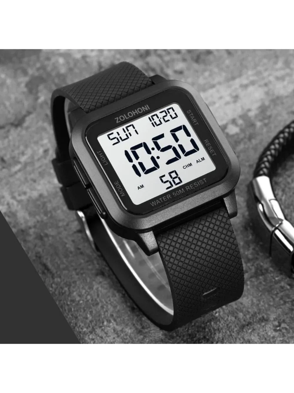 Men's Black White Analog Quartz Stainless Steel Waterproof Square Digital Watch
